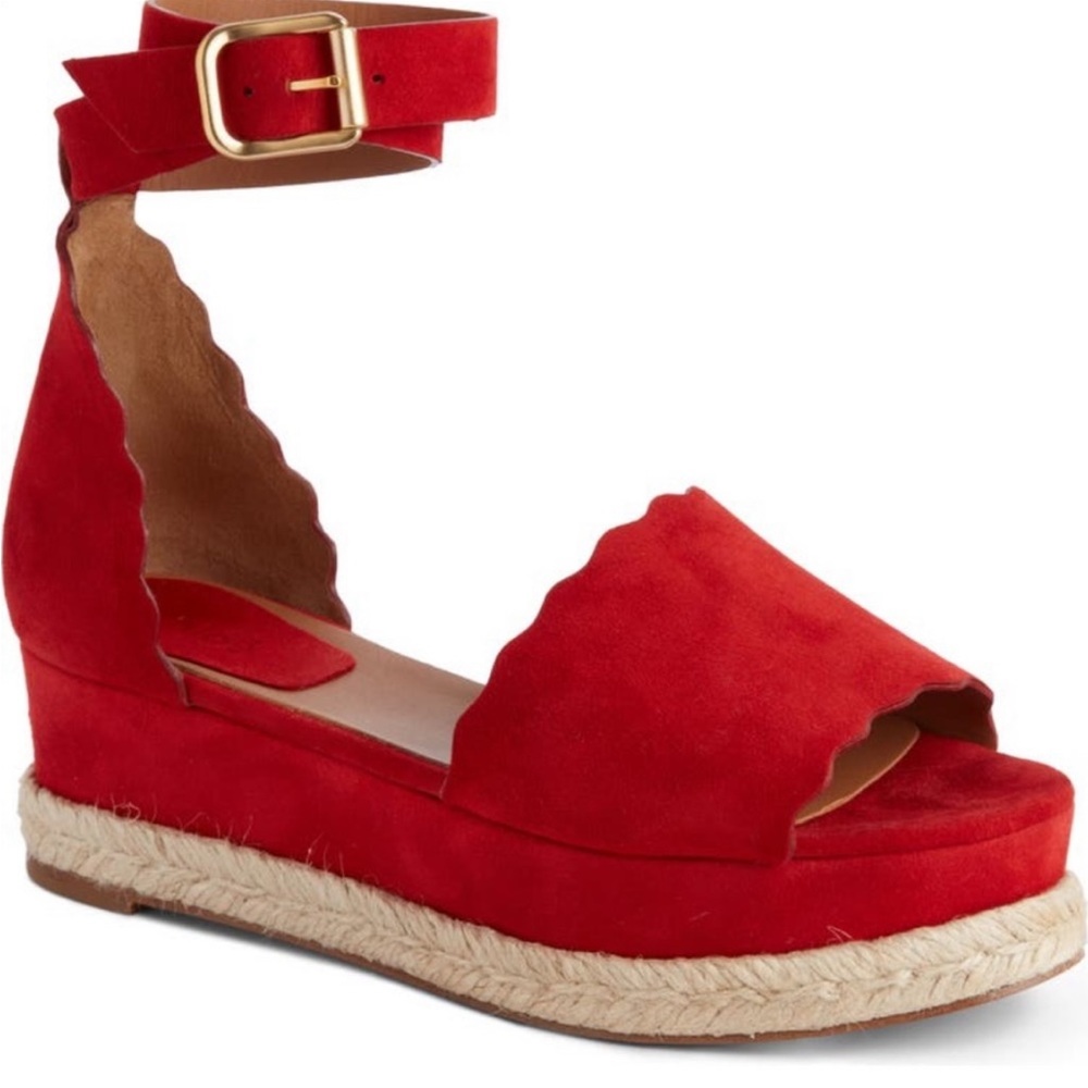 Red Suede Scallop Espadrille Sandals - Women - Picture 3 of 14